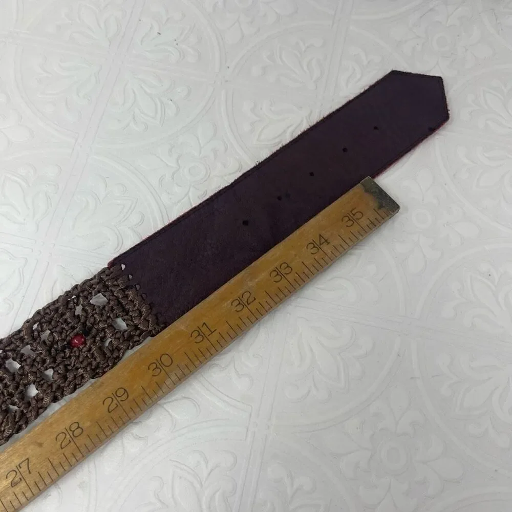 Lara Kazan Peacock Brass Buckle Belt Red Leather/Brown Crochet